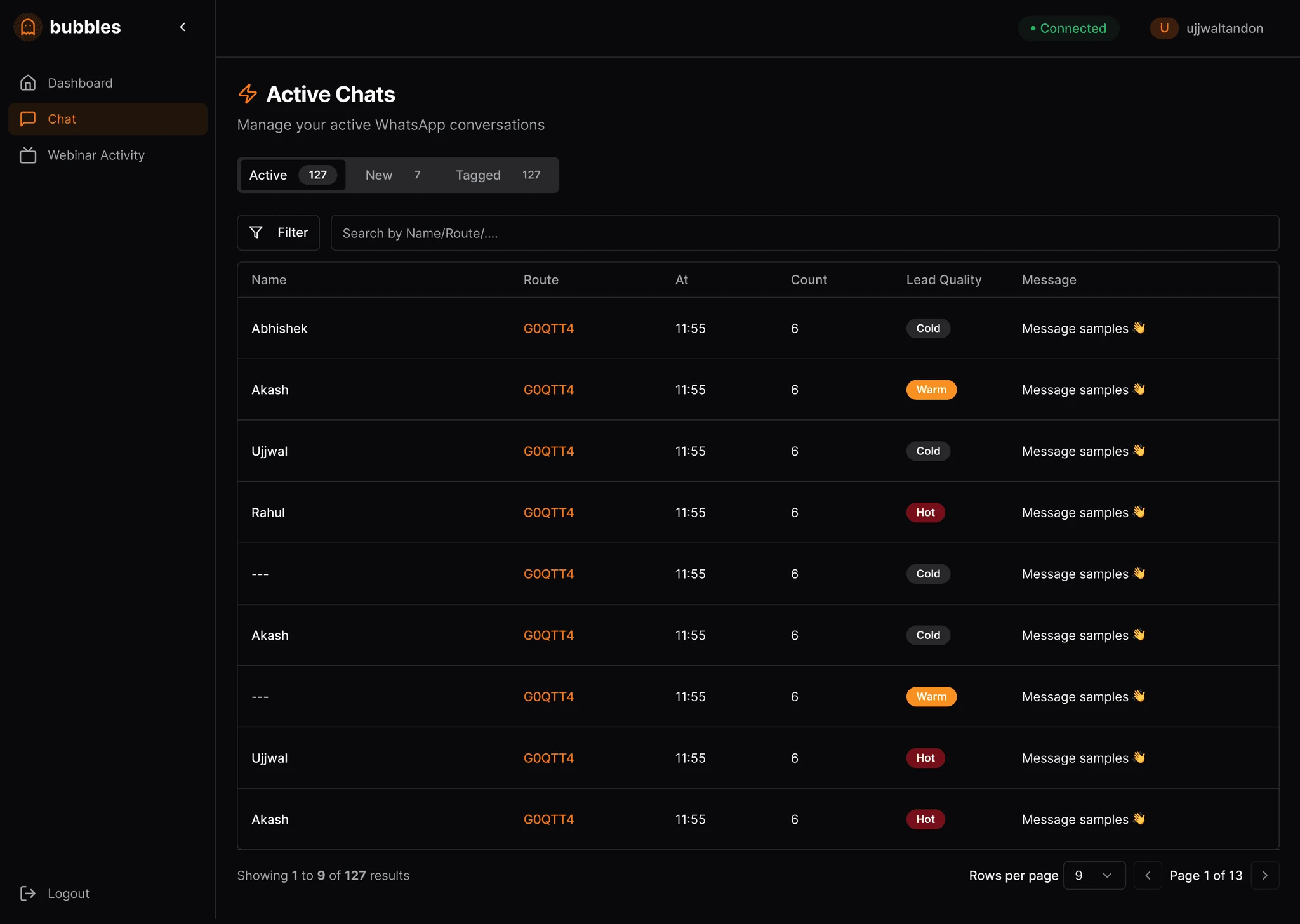 Active chats list with lead quality tags