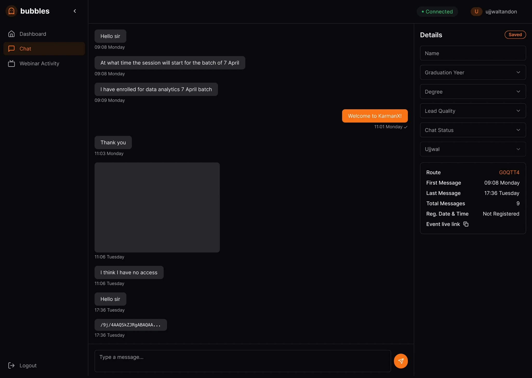 A single conversation with a lead details panel