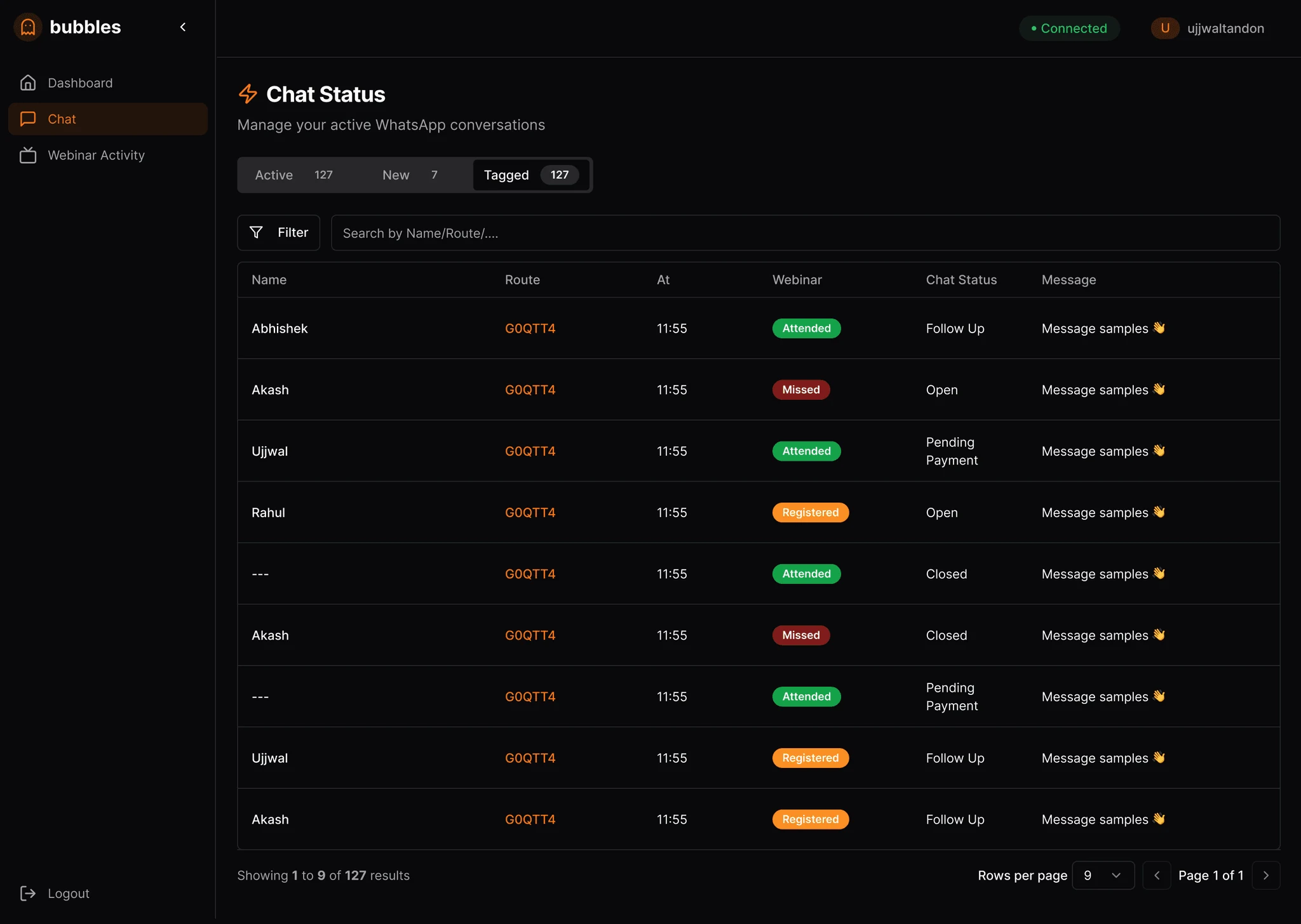 Chat status list with webinar attendance and follow-up states