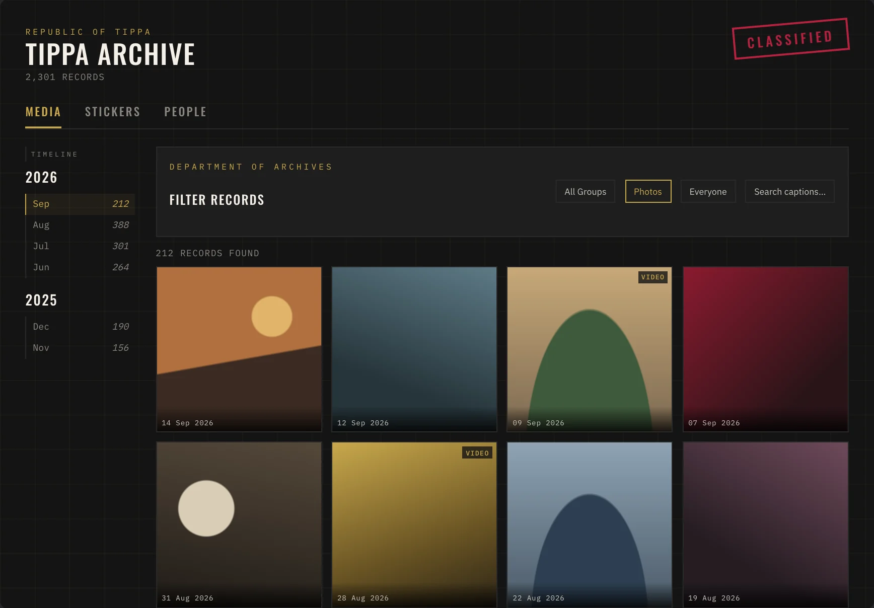 Tippa Archive: a dark archive interface with a timeline, filters and a grid of photo records