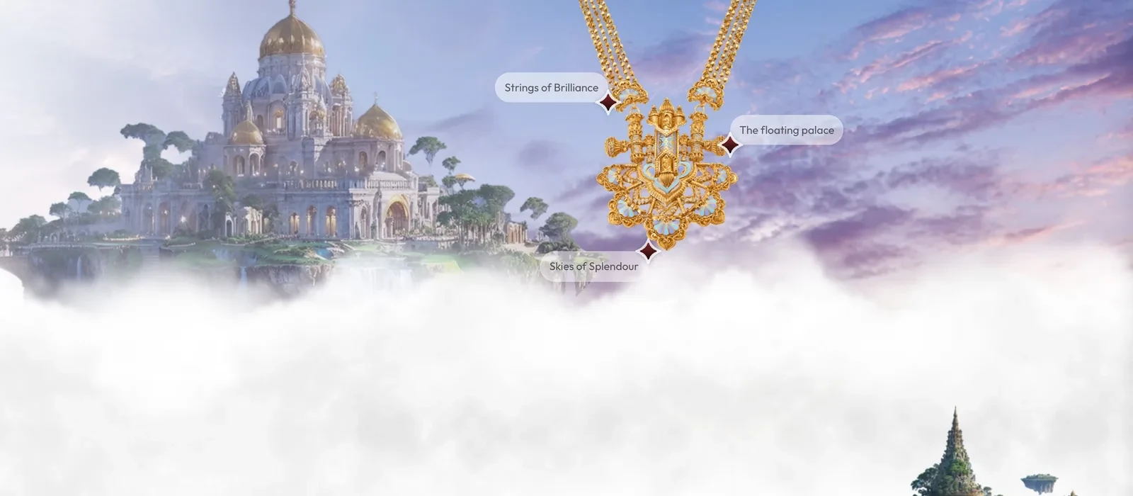 Tanishq Mriganka launch page: a gold necklace beside a palace floating on clouds