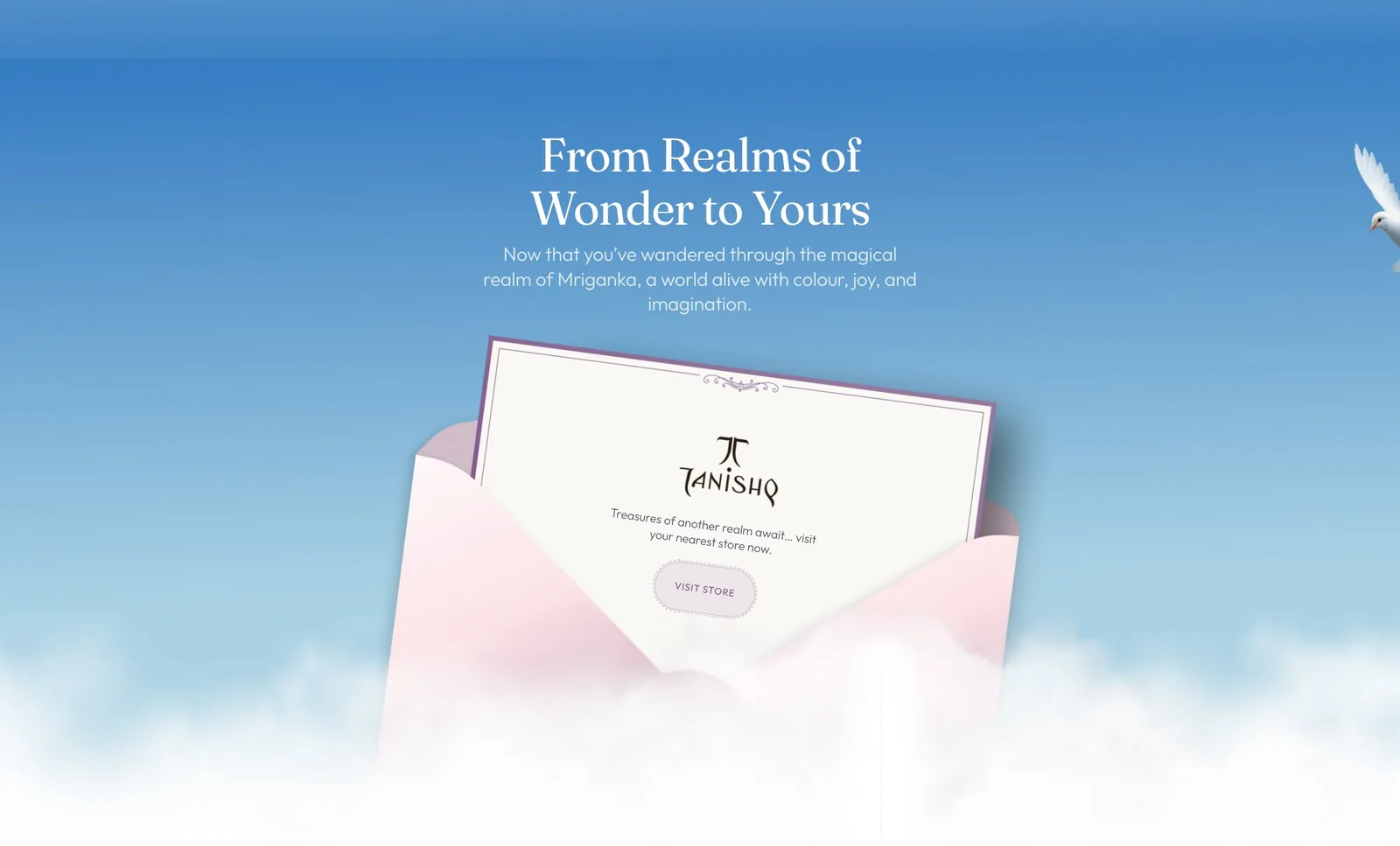 The closing section of the page: an invitation card rising out of a pink envelope against a blue sky, with a white dove beside it