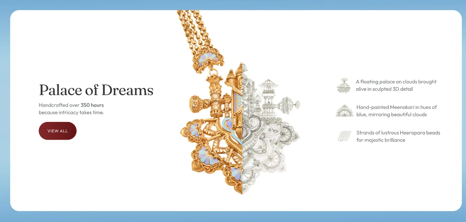 The Palace of Dreams section: a pendant shown half in finished gold and half as a pencil sketch, with the making time on the left and three design details listed on the right