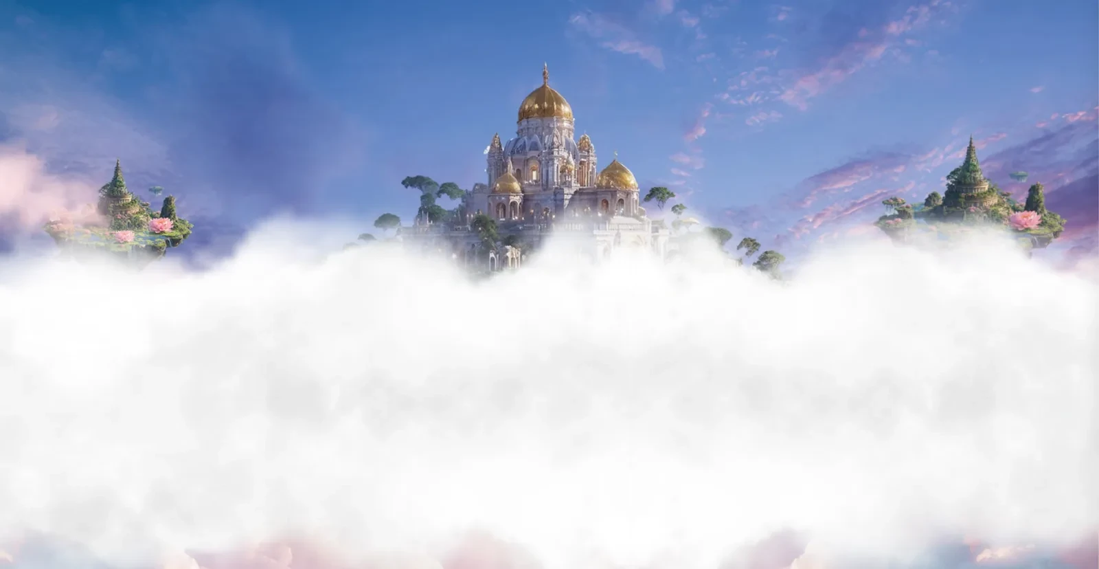 A palace with golden domes floating on clouds, between two smaller floating islands, under a lavender and blue sky