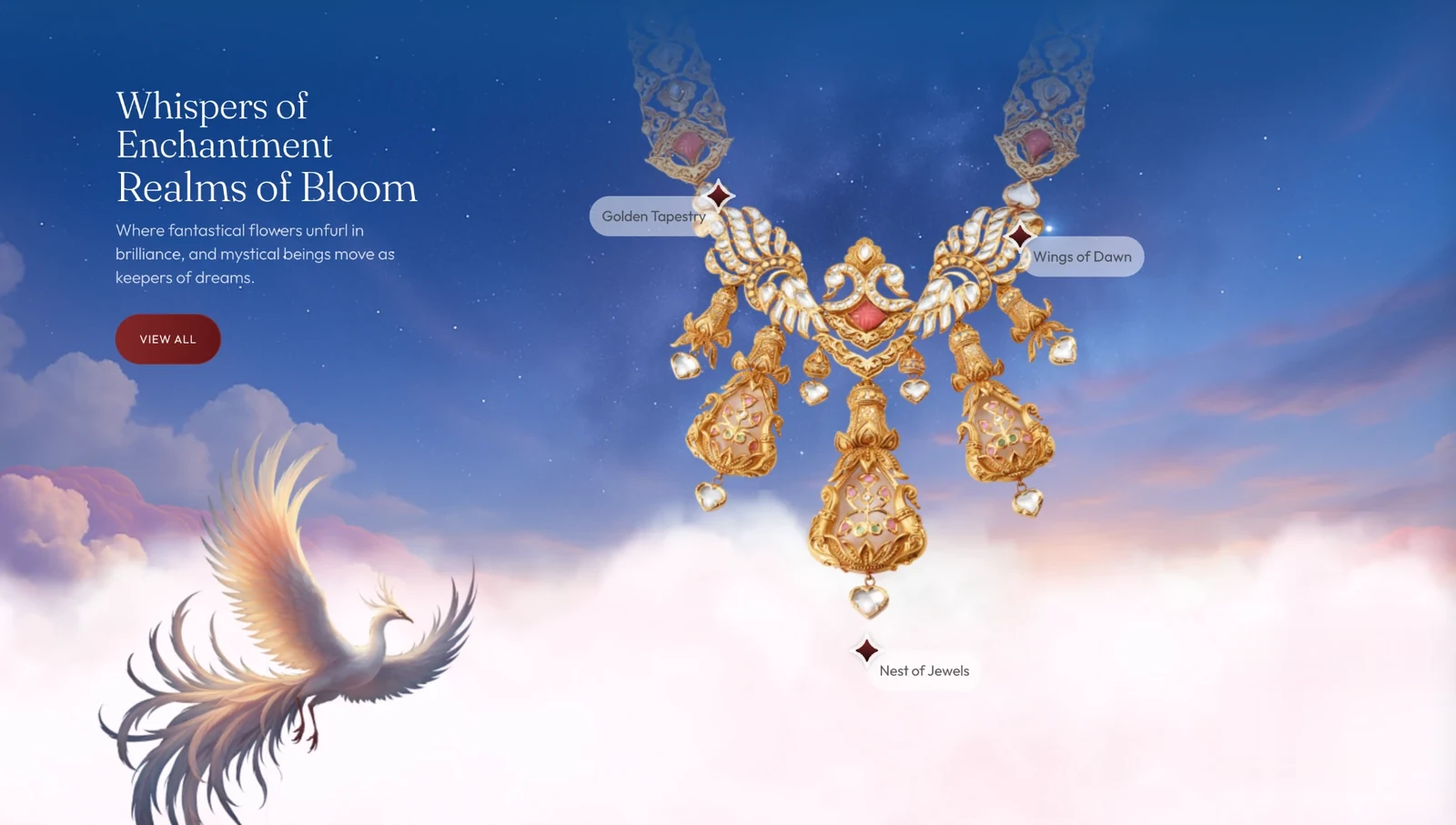The second realm, titled Whispers of Enchantment, Realms of Bloom: a gold necklace with bird-wing motifs under a starry night sky, three markers labelling its details, and a phoenix rising from pink clouds