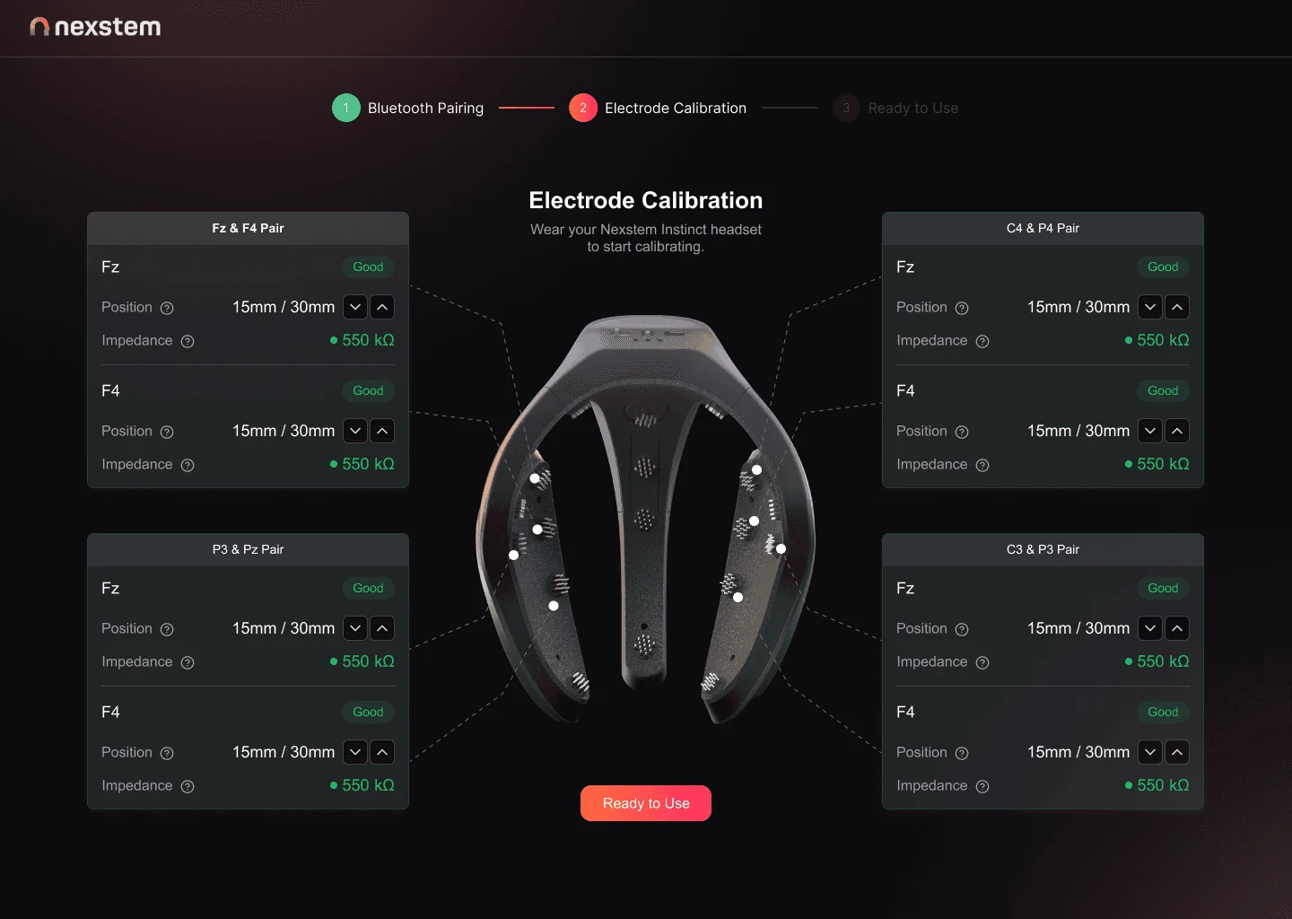 Electrode calibration screen with every electrode pair reading good impedance around the headset