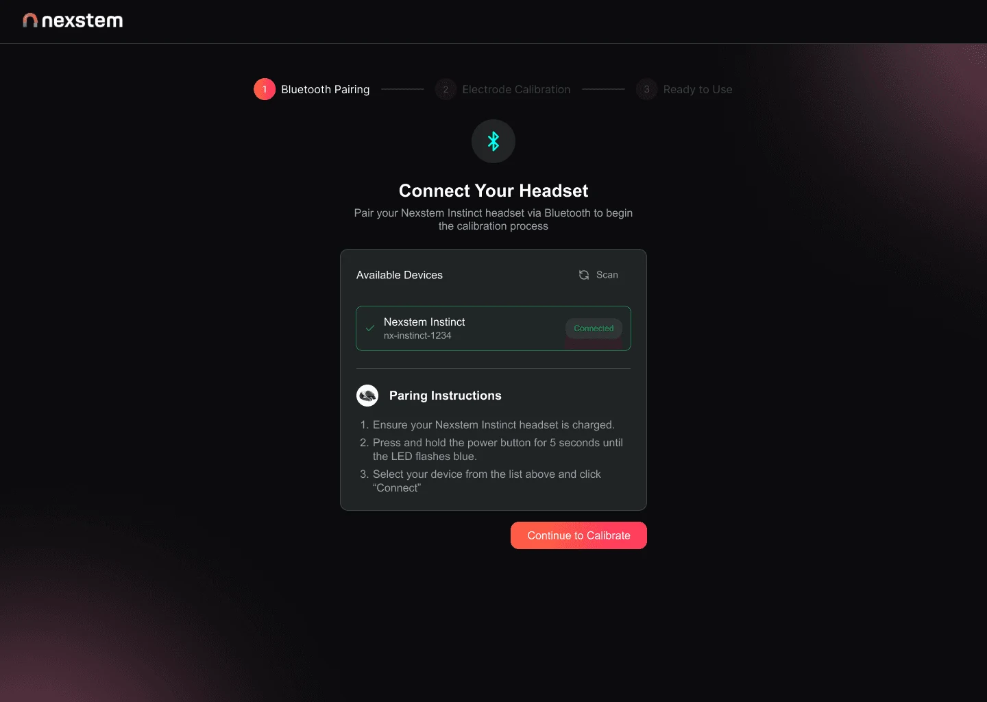 Connect your headset screen showing the Nexstem Instinct device found