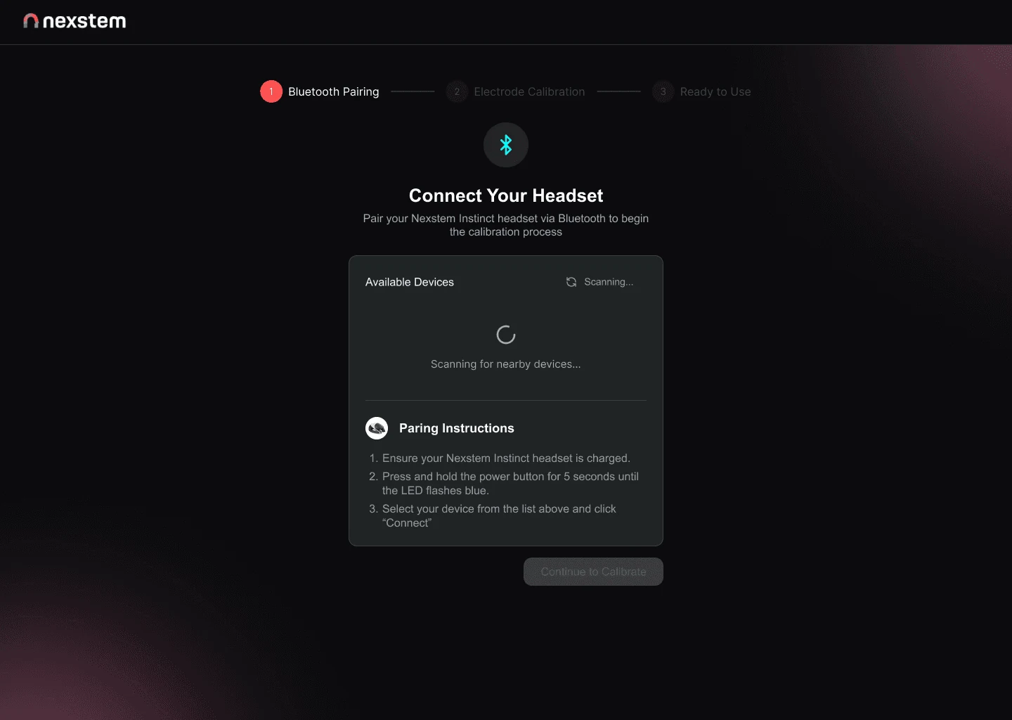 Connect your headset screen scanning for nearby devices, with pairing instructions