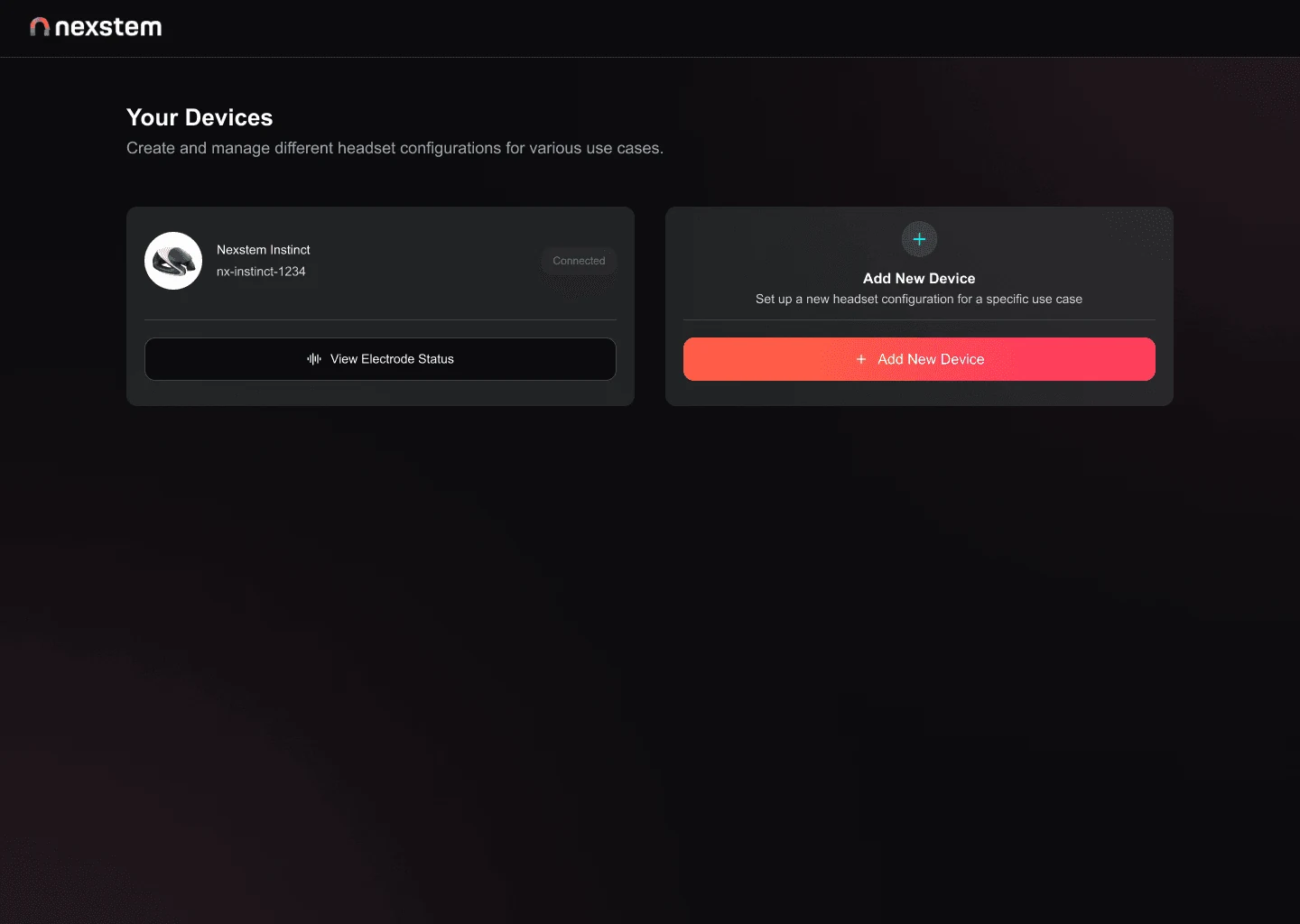 Your Devices screen listing the connected Nexstem Instinct headset and an option to add a new device