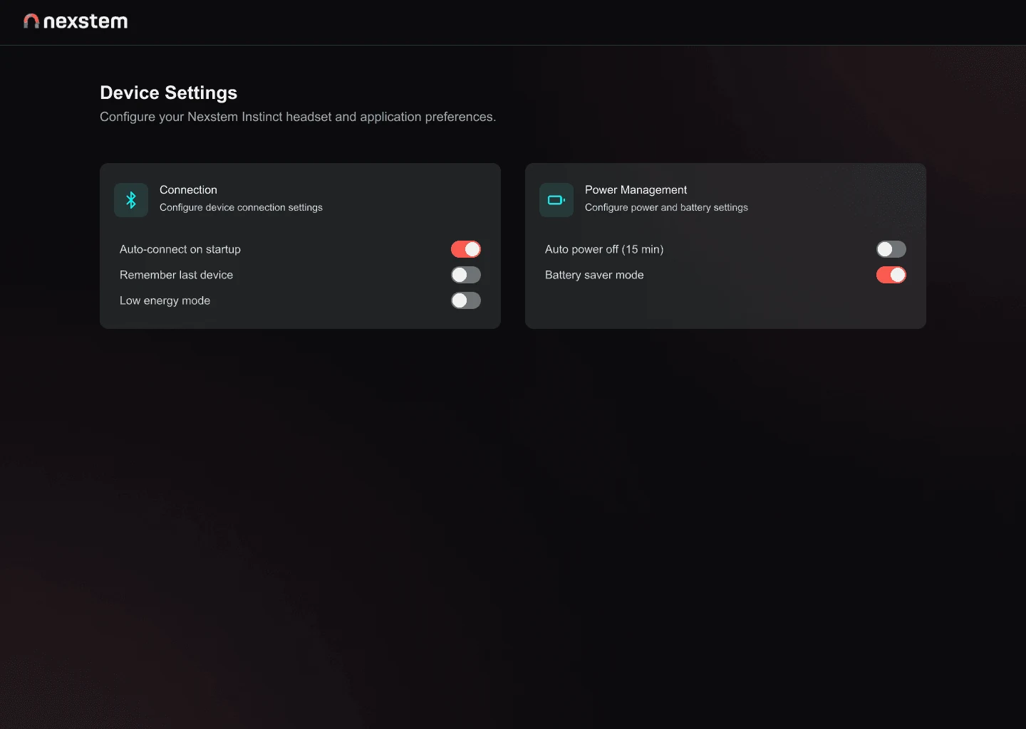 Device settings for connection and power management