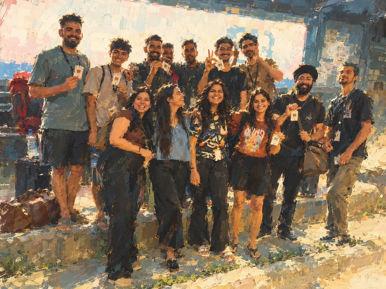 A painting of the friend group: twelve people laughing together outdoors in warm evening light, several holding up small cards. Ujjwal is at the top left, smiling.