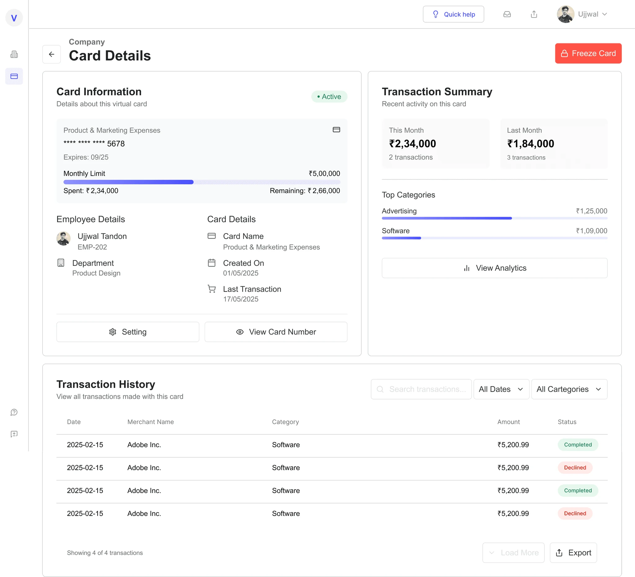 Card details page with card information, employee details, transaction summary, top categories, and transaction history