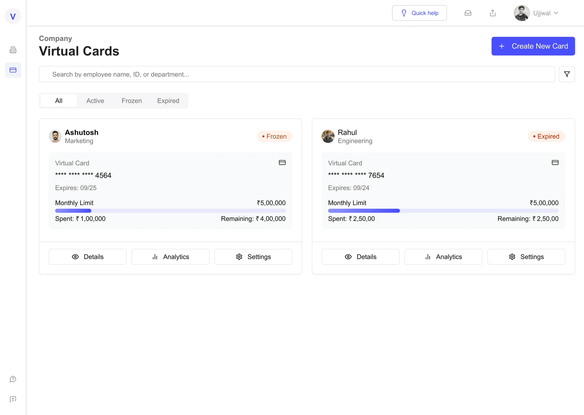 Virtual cards list filtered to frozen and expired cards