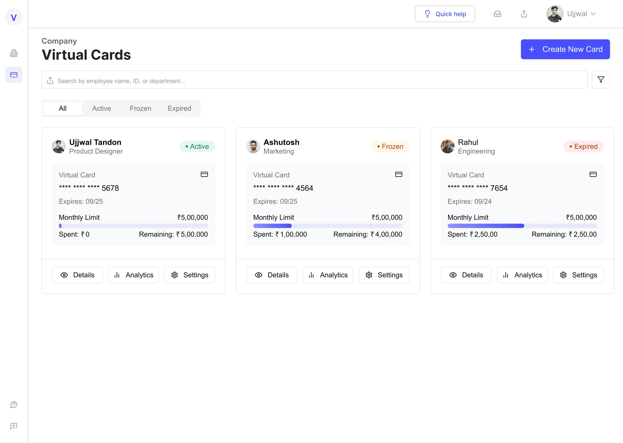 Virtual card management dashboard showing employee cards, statuses and spending limits