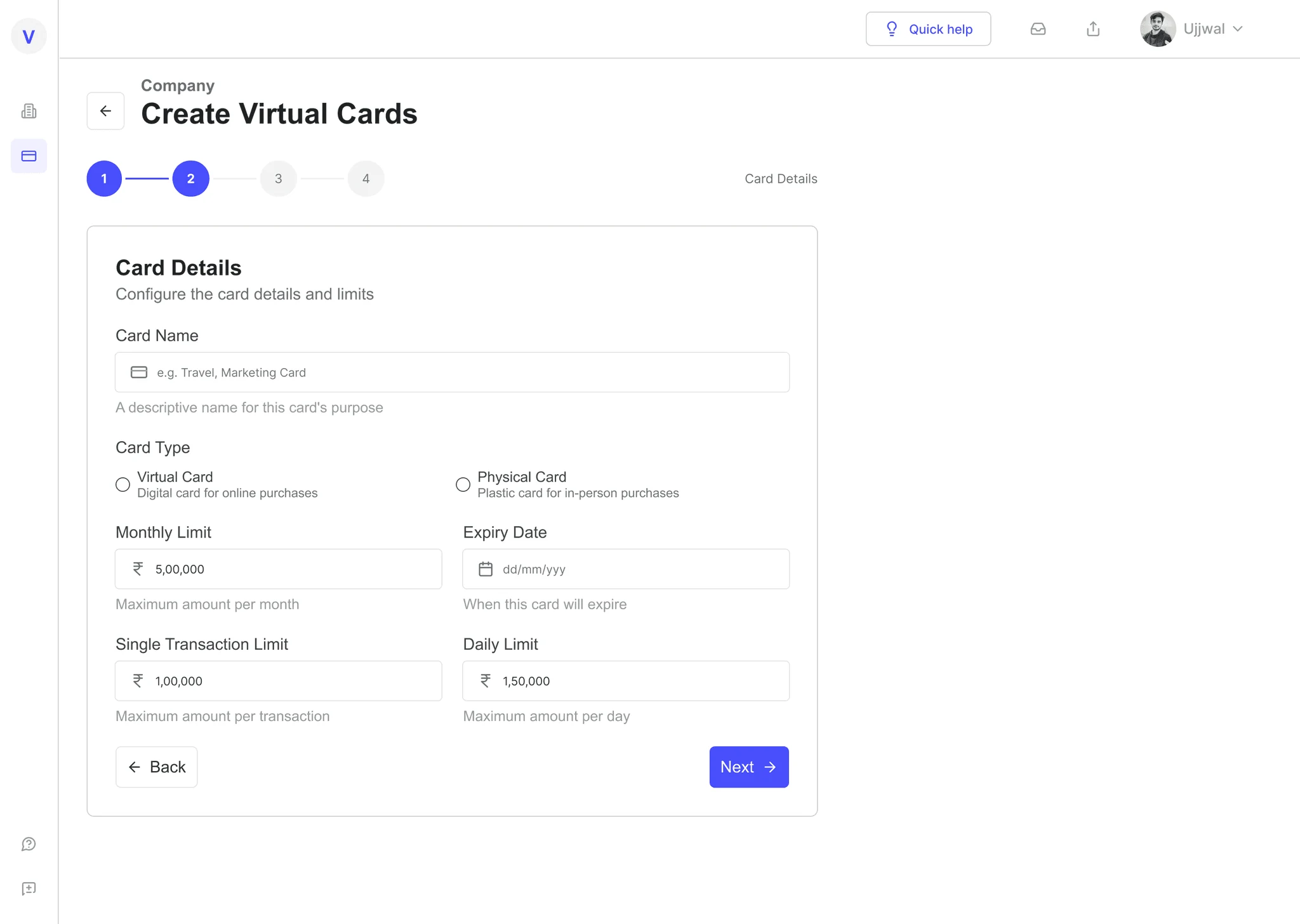 Create virtual card step 2: card name, card type, monthly limit, expiry date, and transaction limits