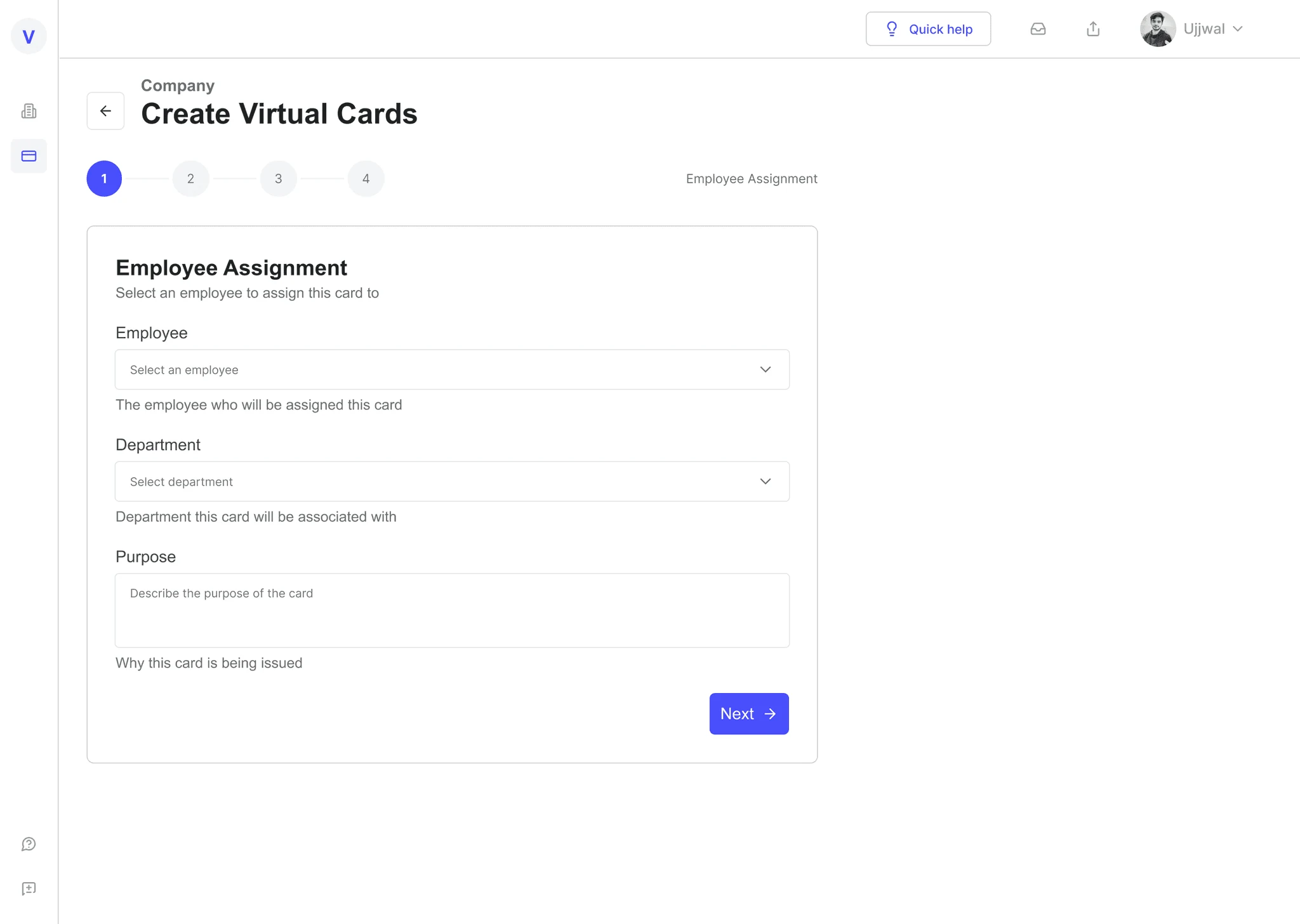 Create virtual card step 1: employee assignment with employee, department, and purpose fields
