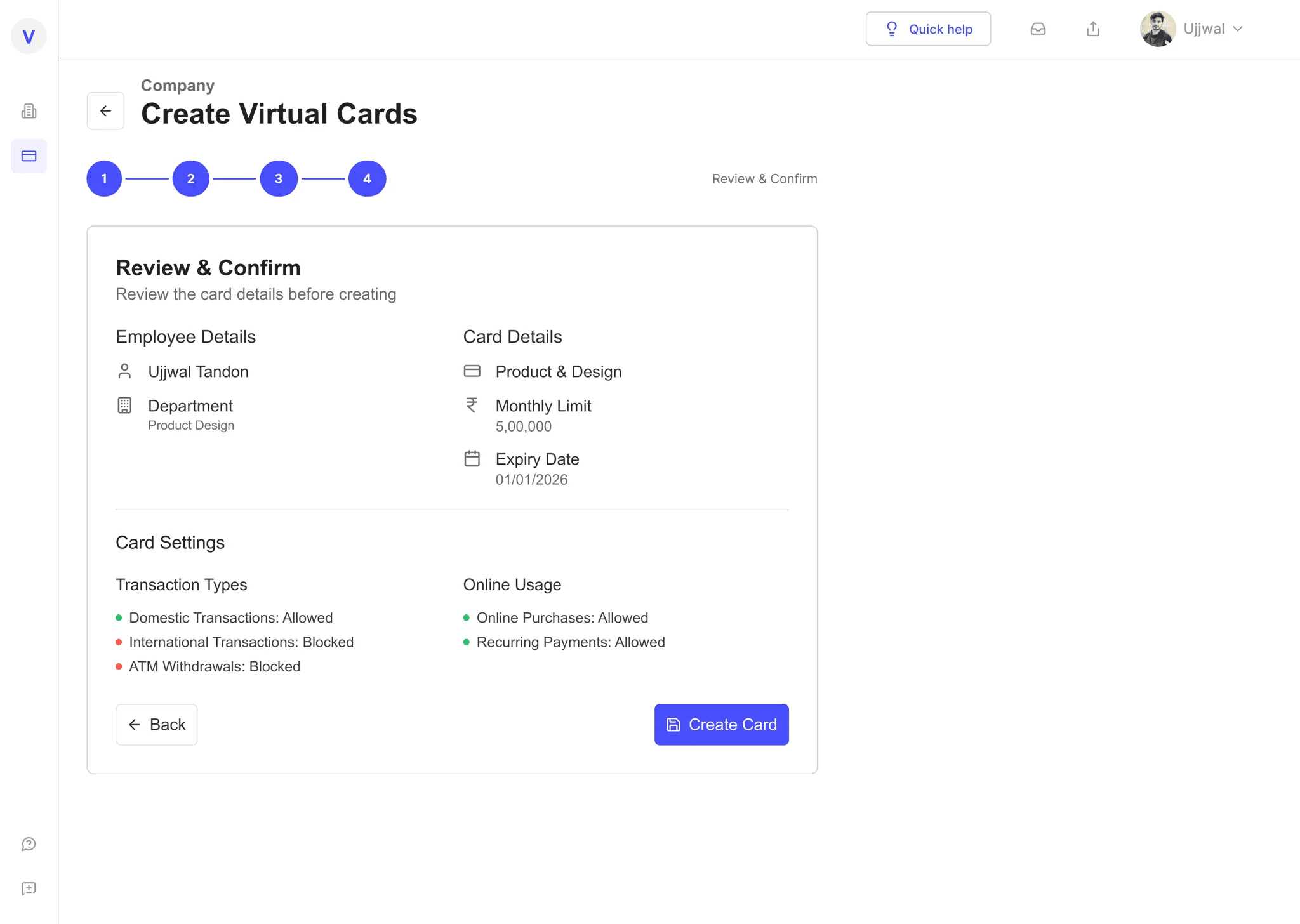 Create virtual card step 4: review and confirm employee details, card details, and card settings