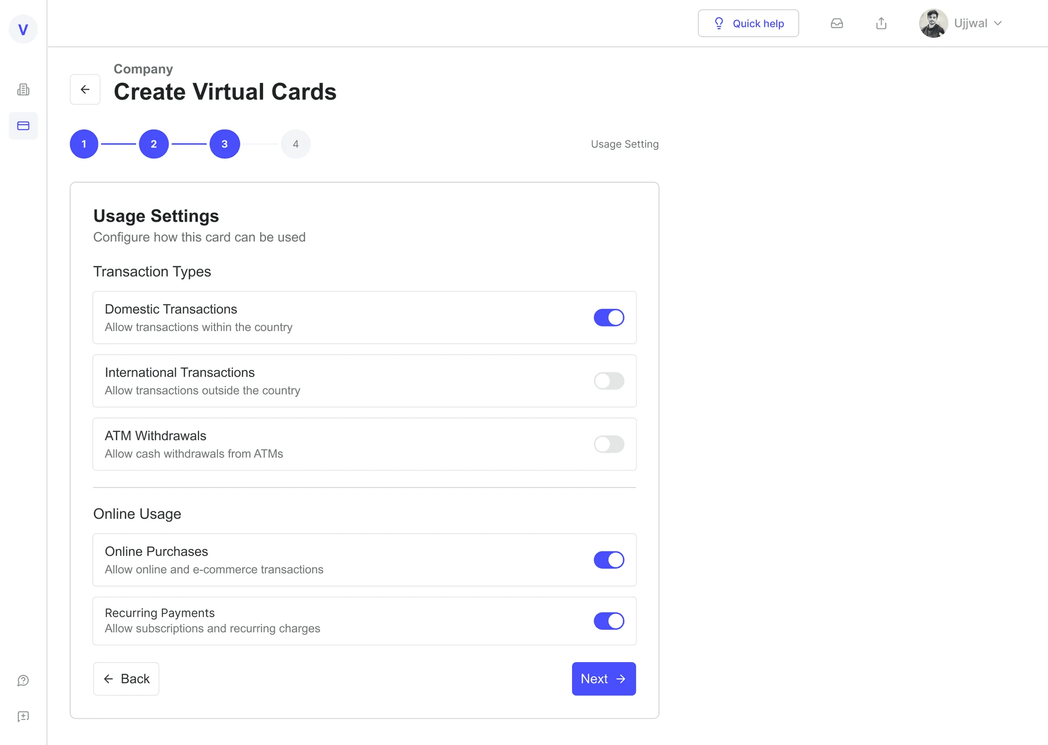 Create virtual card step 3: usage settings toggles for domestic, international, ATM, online, and recurring payments