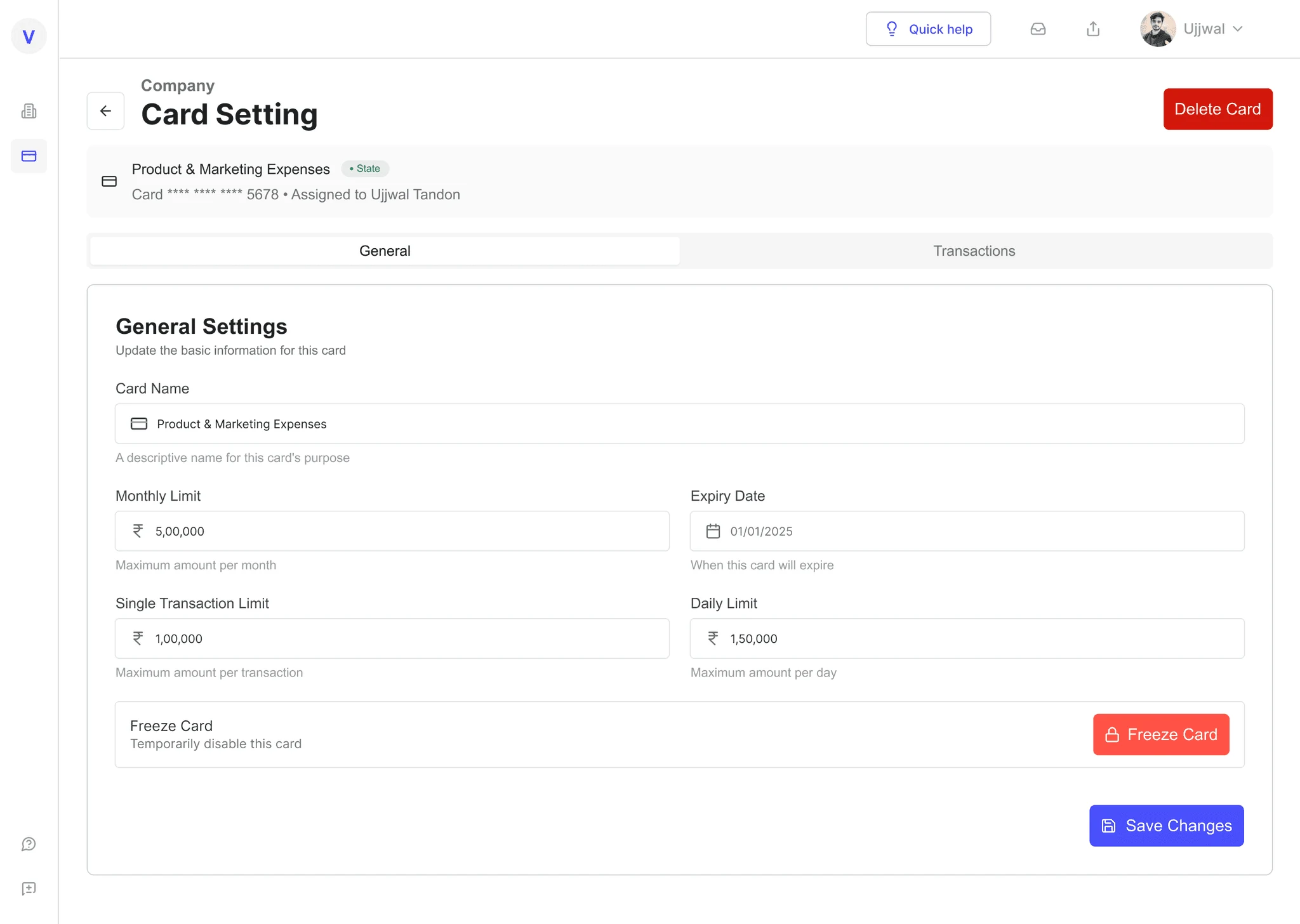 Card settings general tab with name, limits, expiry, and a freeze card control