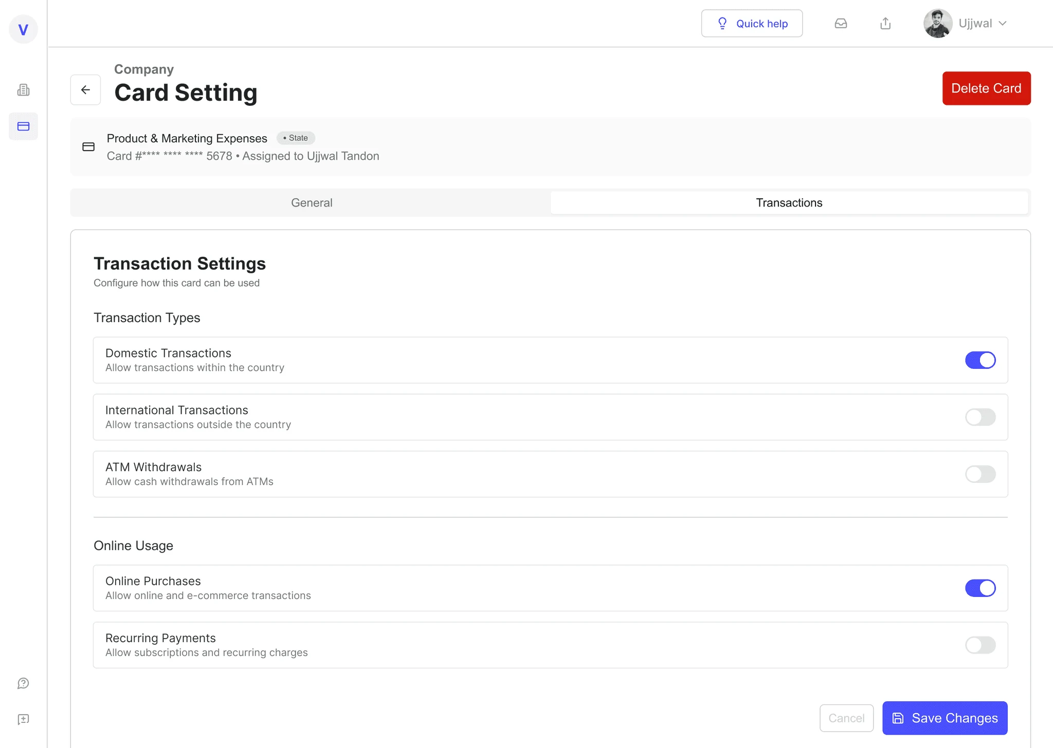 Card settings transactions tab with toggles for transaction types and online usage
